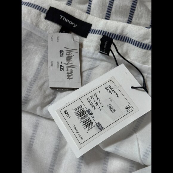New Theory Wrap Skirt 8 / M Womens White Mini Waist Tie Split Stripe Linen - Picture 6 of 7